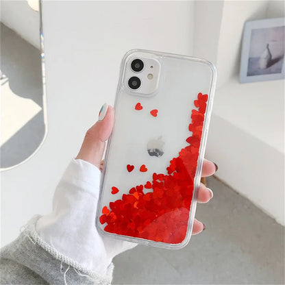 OTTWN Glitter Sequins Love Heart Case for iPhone 13, 12, 11 Pro Max, XS Max, XR, 7, 8 Plus, SE – Clear Dynamic Liquid TPU Cover