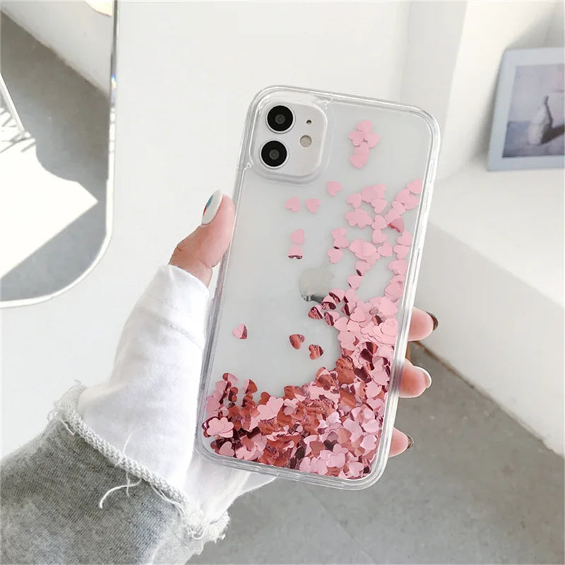 OTTWN Glitter Sequins Love Heart Case for iPhone 13, 12, 11 Pro Max, XS Max, XR, 7, 8 Plus, SE – Clear Dynamic Liquid TPU Cover