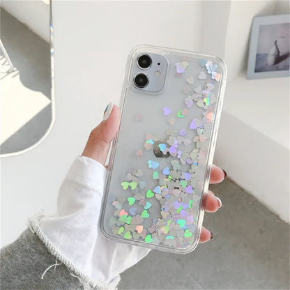 OTTWN Glitter Sequins Love Heart Case for iPhone 13, 12, 11 Pro Max, XS Max, XR, 7, 8 Plus, SE – Clear Dynamic Liquid TPU Cover