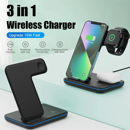 3-in-1 Wireless Charger Stand - Fast Charging Station for Phones, Smartwatches, and Earbuds - UK Quality