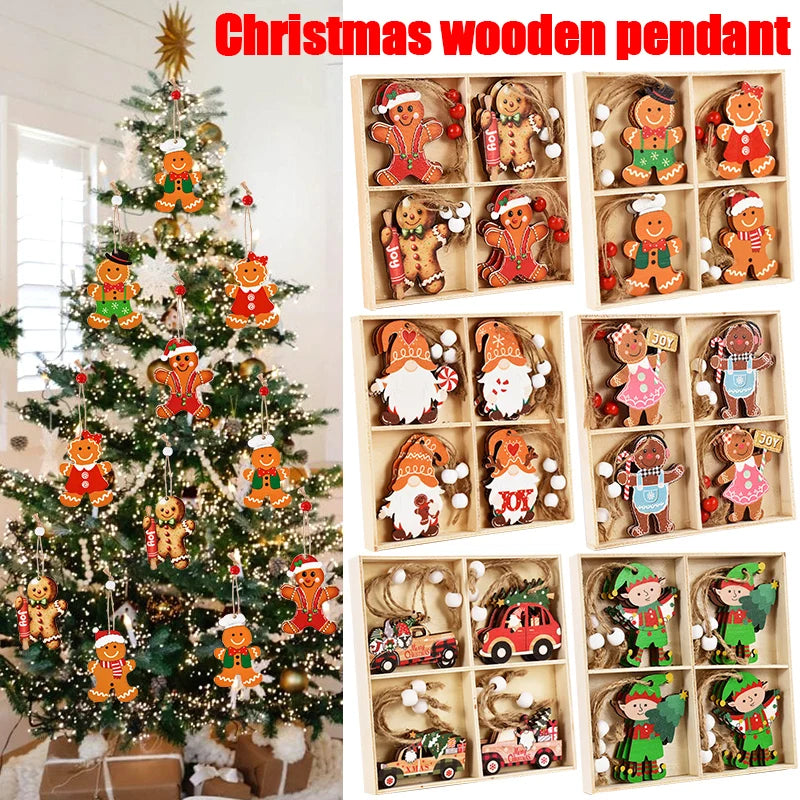 Christmas Wooden Pendants – Gingerbread Man & Gnome Tree Ornaments, 2024 Noel Décor for Home, New Year Gift