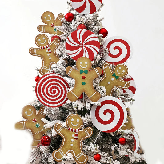 Large Gingerbread Man & Peppermint Lollipop Christmas Tree Picks – Cute Candy-Themed Ornaments for Holiday Décor 1