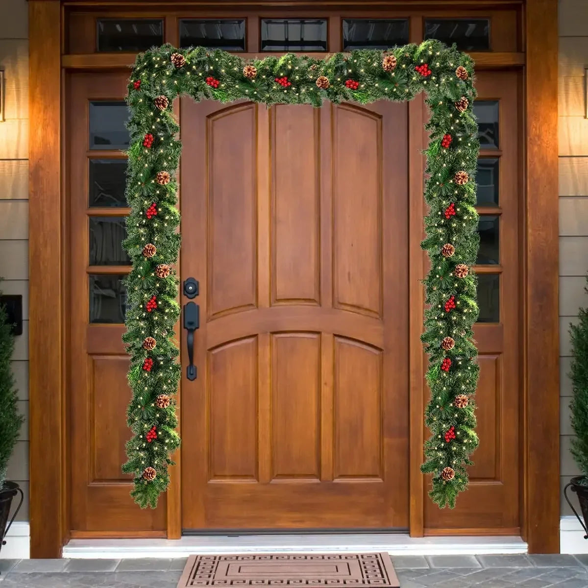 Christmas LED Rattan Wreath with Pine Cones & Red Berries – Artificial Xmas Garland for Tree, Door & Banner Decoration