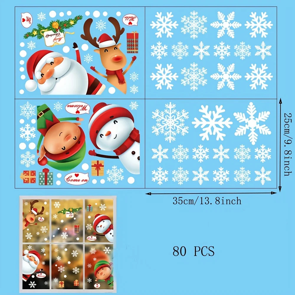 80-Piece Christmas Snowflake Window Clings – Festive Snowflake & Santa Reindeer Decals for Holiday Window Decor