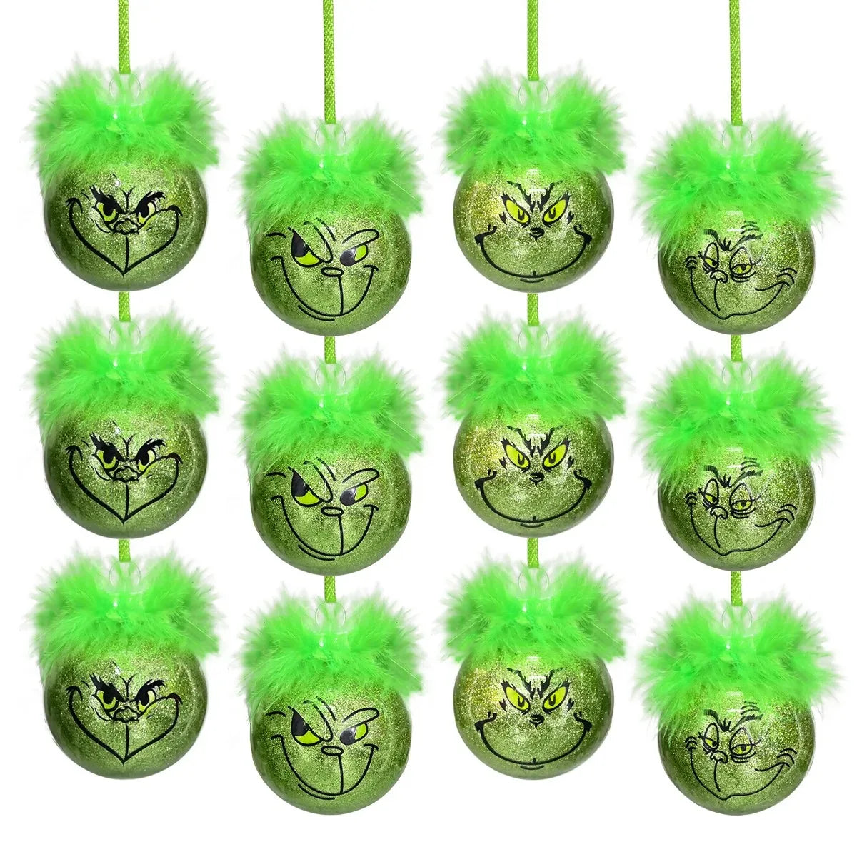 12pcs Grinch Cat Face Christmas Ball Ornaments: 6cm Green Carnival Fruit Pendant Tree Decorations for Holiday Festivities