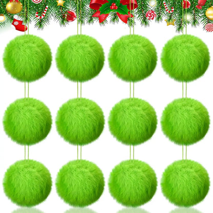 12 Pcs Furry Green Christmas Ball Ornaments: Cute Elf Christmas Decorations with Red Bow for Holiday Tree Decor