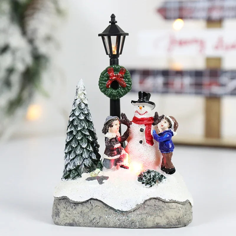 LED Christmas Village Ornaments – Santa Claus, Pine Needles, & Snow Micro Landscape Resin Figurines for Holiday Décor