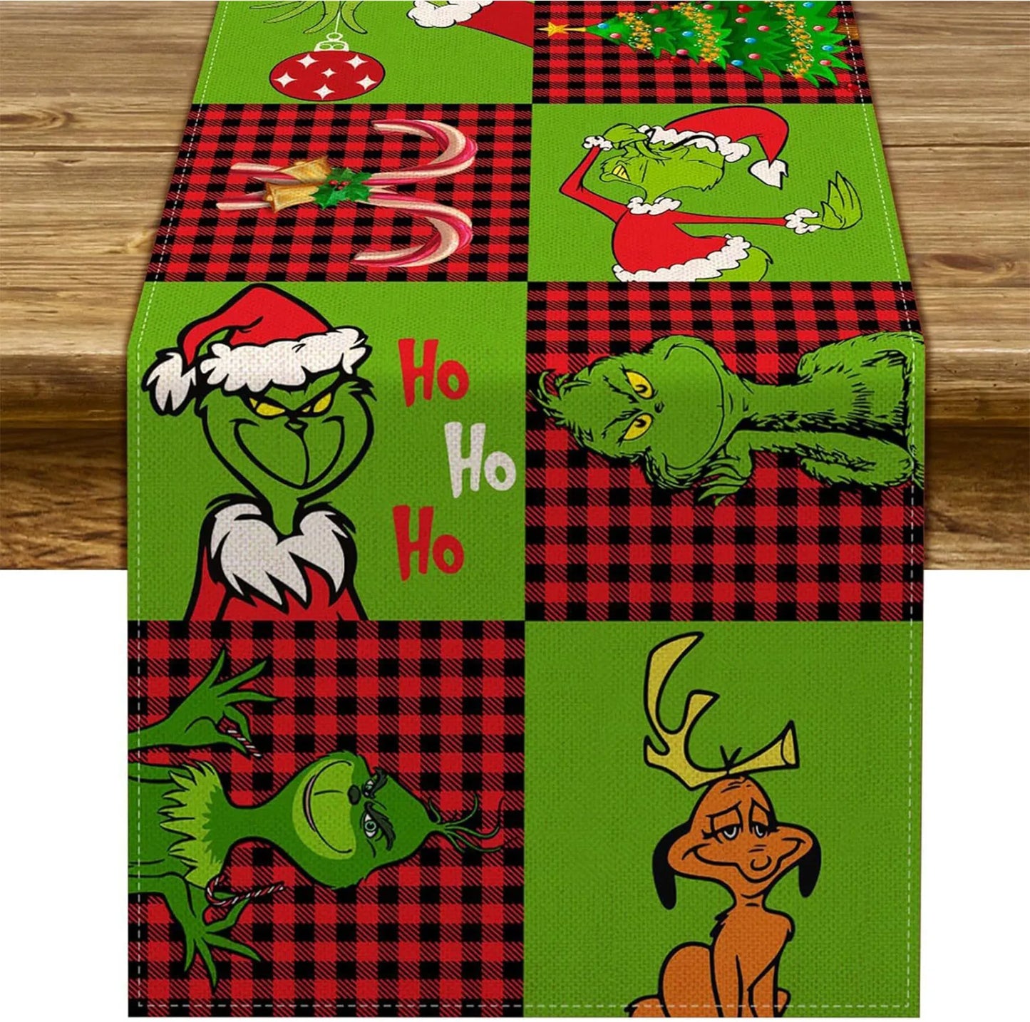 Grinch Theme Plaid Christmas Trees  Table Runner: Festive Holiday Décor for Kitchen and Dining Table