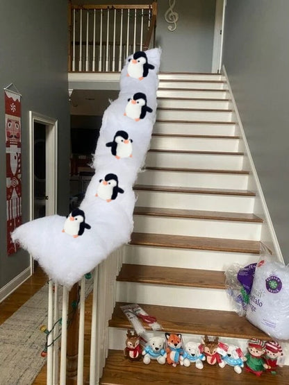 Christmas Stair Decoration Set – Faux Snow Cotton Carpet with Sliding Penguins for Festive Staircase Décor