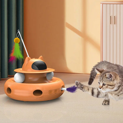 4-in-1 Interactive Cat Toy: USB-Charging Smart Turntable with Teaser Stick, Ball Chase, Feather Catcher & LED Light for Active Play & Training