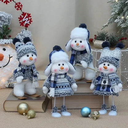 New Snowman Figure Christmas Decoration – Blue Cloth Ski Snowman Plush Doll for Living Room & Bedroom