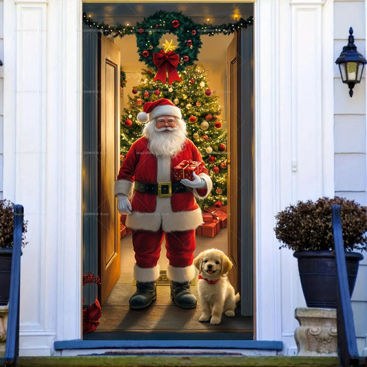 Christmas Door Cover Decoration – Santa Claus & Puppy Holiday Banner for Indoor/Outdoor Décor