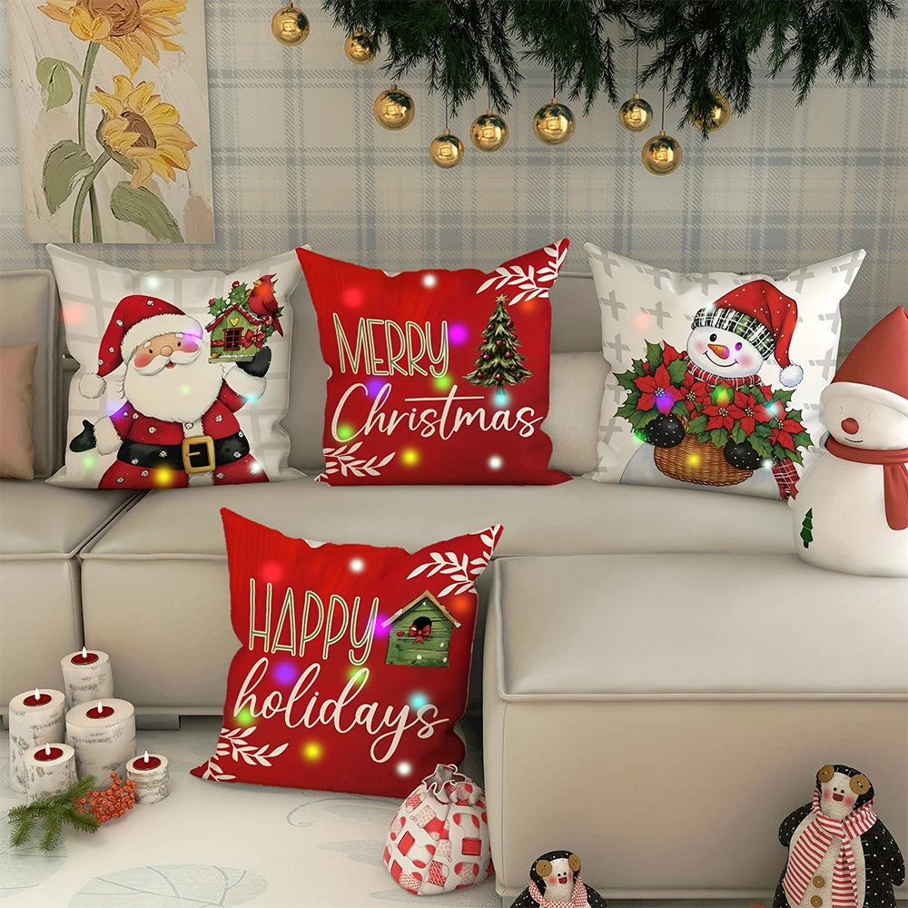 Christmas Santa Claus LED Light-Up Pillowcase – Printed Cushion Cover for Holiday Home Décor