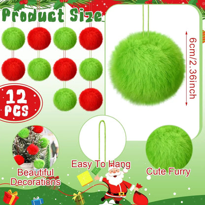 12 Pcs Furry Green Christmas Ball Ornaments: Cute Elf Christmas Decorations with Red Bow for Holiday Tree Decor