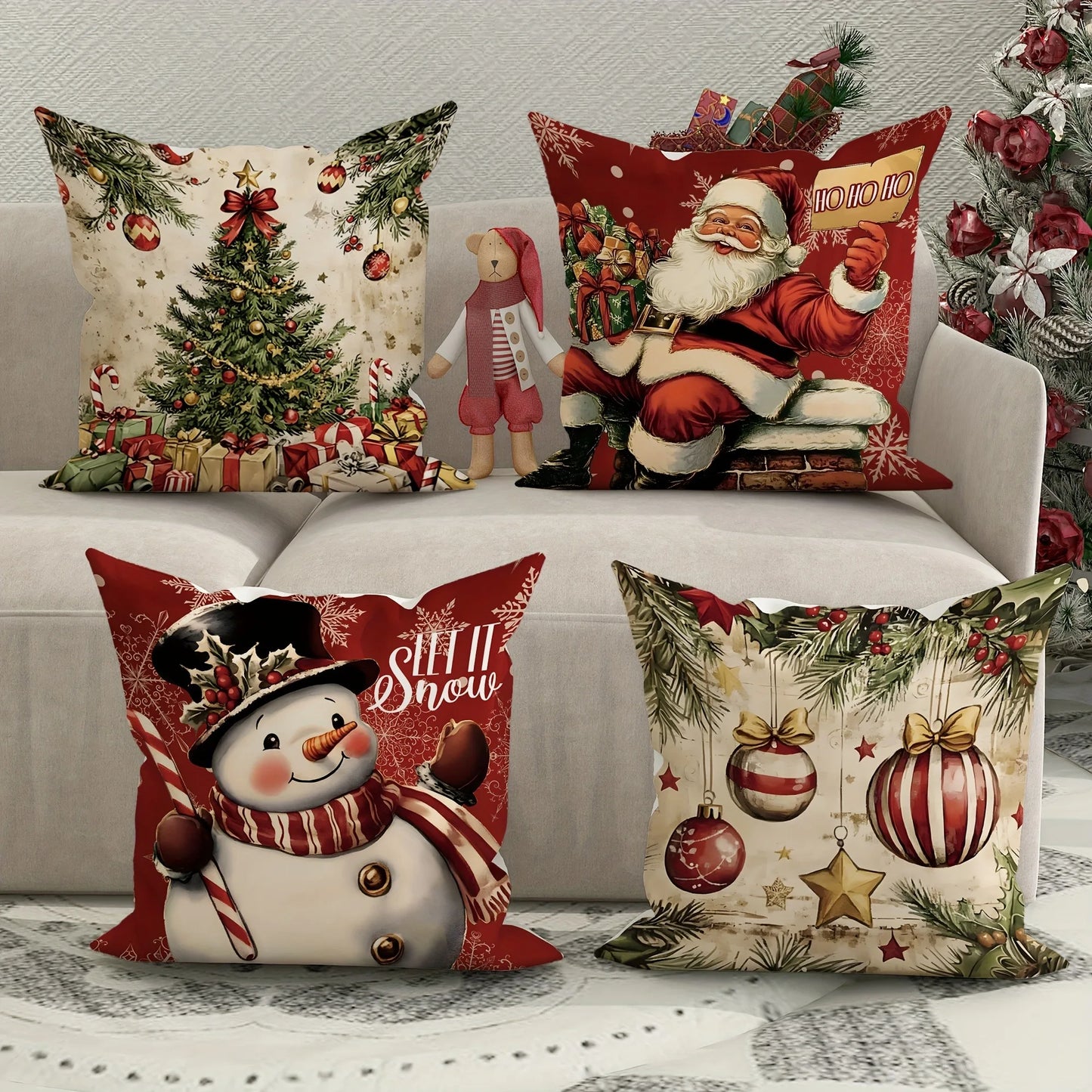 Retro Christmas Pillow Cover: Snowman & Santa Claus Cushion Cover for Living Room & Home Décor