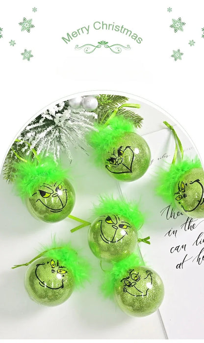 12pcs Grinch Cat Face Christmas Ball Ornaments: 6cm Green Carnival Fruit Pendant Tree Decorations for Holiday Festivities