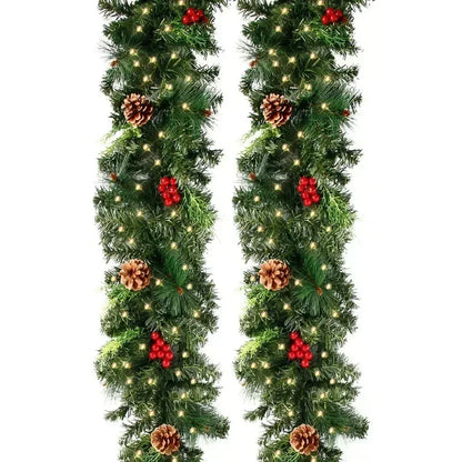 Christmas LED Rattan Wreath with Pine Cones & Red Berries – Artificial Xmas Garland for Tree, Door & Banner Decoration