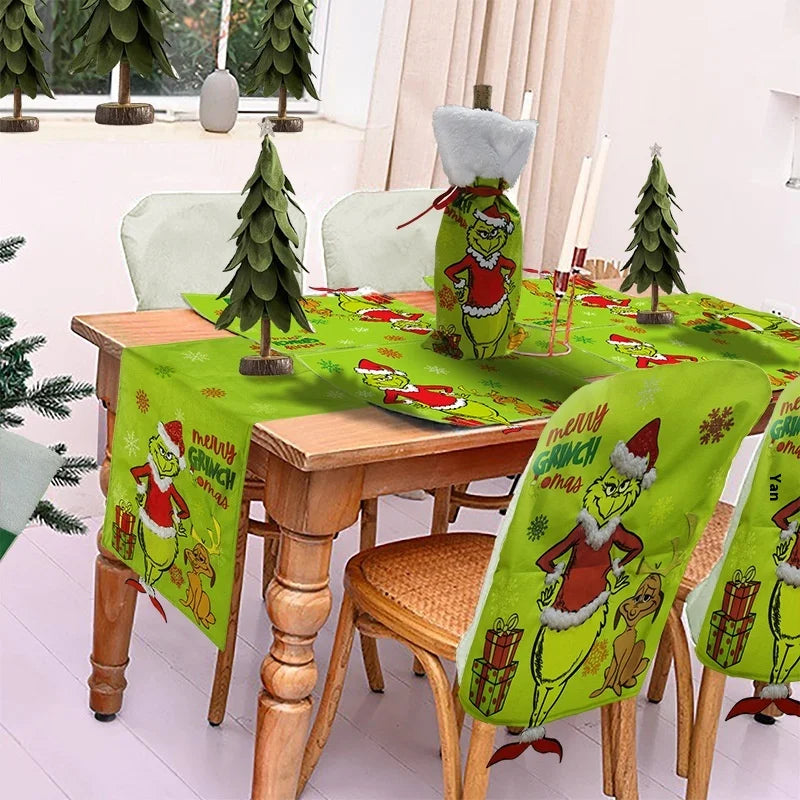 Green Shaggy Christmas Figure Set – Stockings, Tree Skirt, Table Flag & Chair Decorations