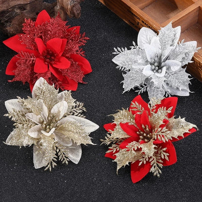 5PCS Glitter Artificial Christmas Flowers – 14cm Xmas Tree Ornaments for Holiday Home & New Year Décor