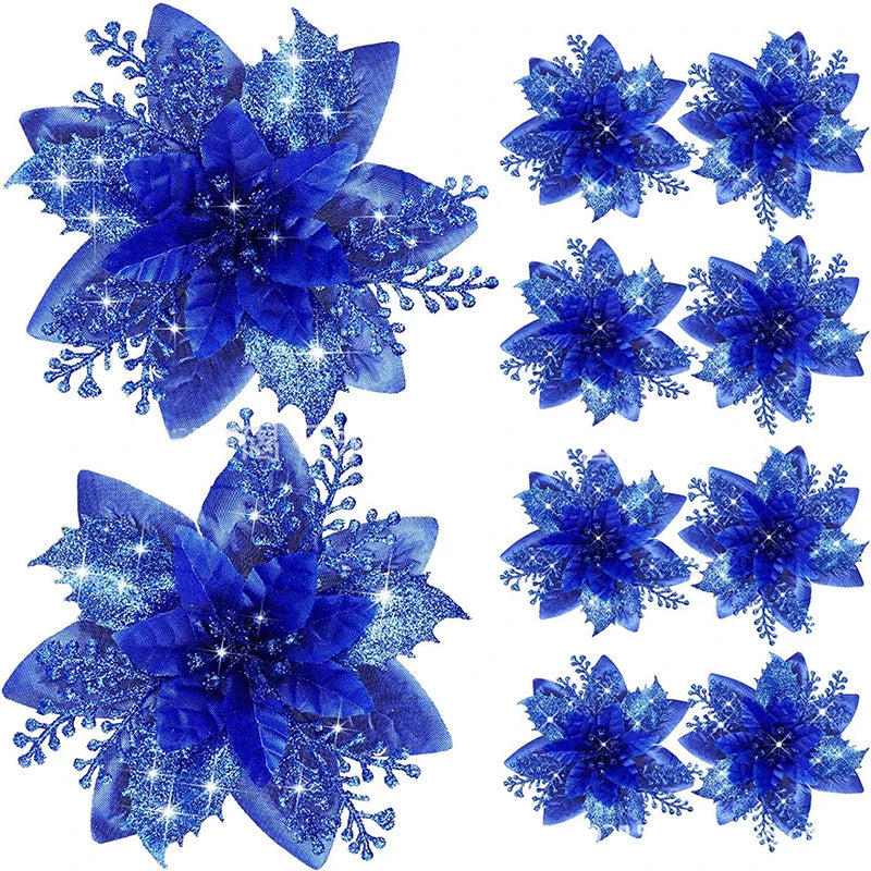 Glitter Artificial Christmas Flowers – 1, 5, or 10pcs, Christmas Tree Decorations, New Year Ornaments, Xmas Fake Flowers