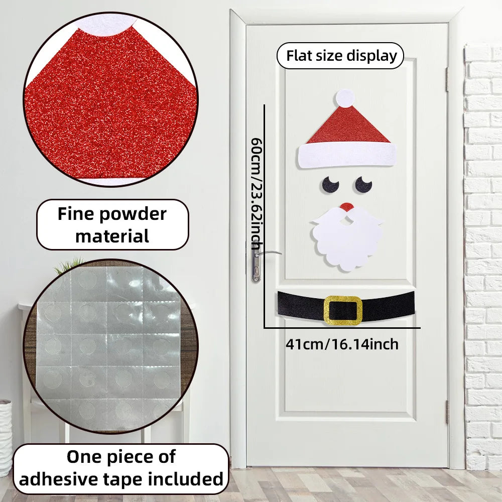 Christmas Door & Window Stickers – Festive Elk, Snowman, Santa Claus Felt Decals for Holiday Home Decor