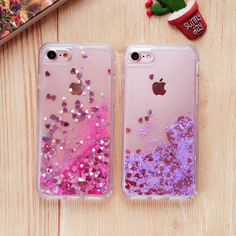 Love Heart &amp; Stars Glitter Phone Case for iPhone 15, 14, 13, 12, 11 Pro Max, XS, XR, 7, 8  – Dynamic Liquid Quicksand Back Cover