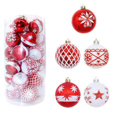 30Pcs Christmas Ball Ornaments Set 6cm Hanging Red Snowflake Star Print Ball Decorations Shatterproof Baubles for Party