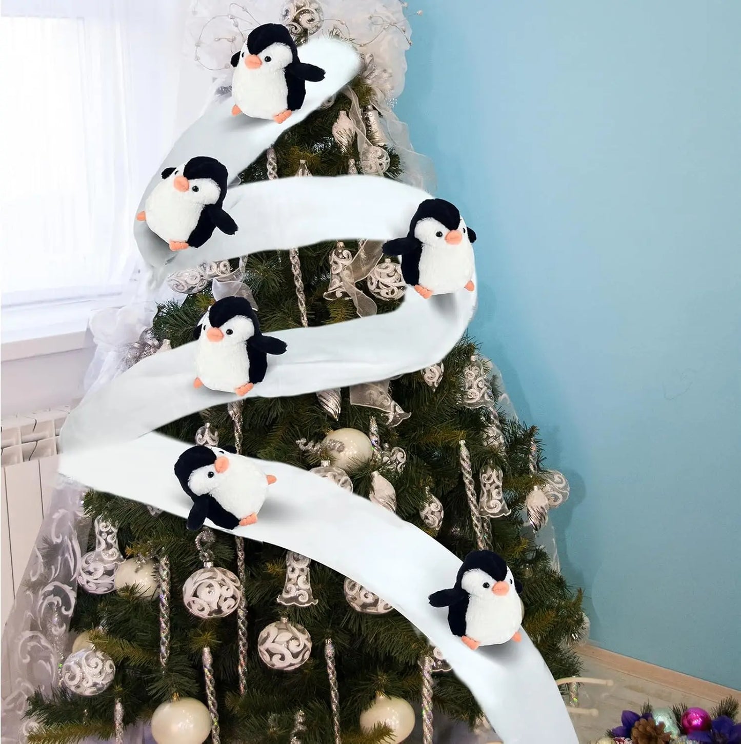 Christmas Stair Decoration Set – Faux Snow Cotton Carpet with Sliding Penguins for Festive Staircase Décor