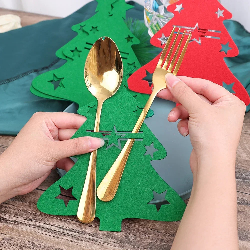 Felt Christmas Tree Cutlery Holders – Holiday Knife, Fork & Spoon Pockets – Festive Tableware for Xmas & New Year Parties