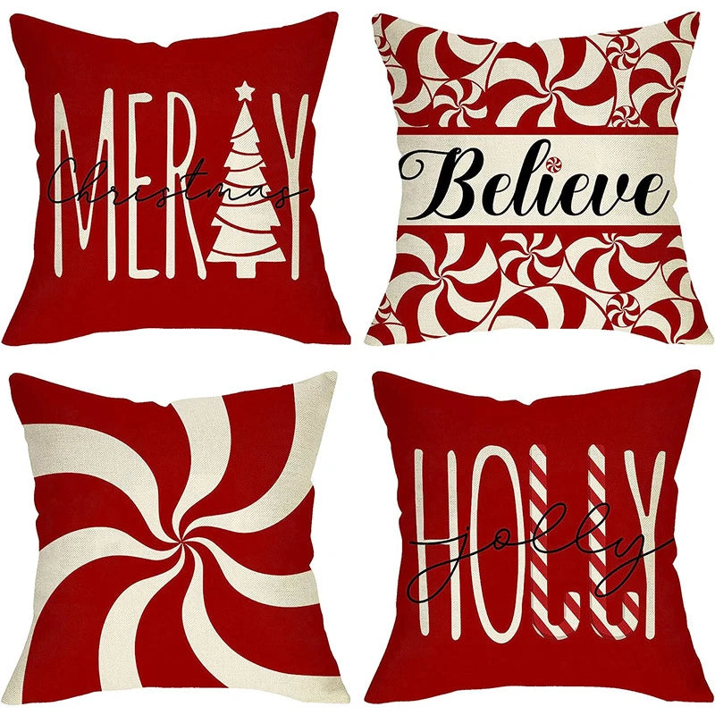 Red Christmas Pillow Covers 45x45cm: Merry Christmas Tree, Believe & Snowflake Winter Holiday Cushion Covers for Home & Couch Décor