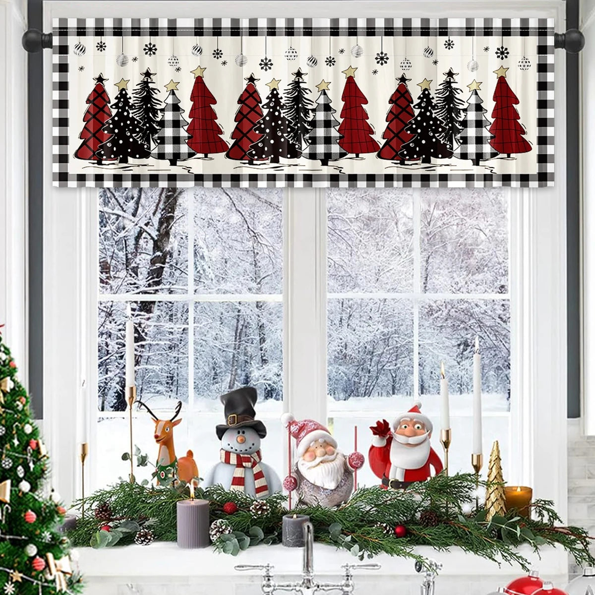 Christmas Tree Short Curtains: Snowman & Holiday Backdrop, Festive Home Decorations for Christmas 2024 & New Year 2025