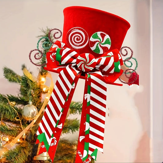 Christmas Tree Topper Hat with Candy Cane Bow: Festive Red Hat Tree Decoration for Holiday Home Décor