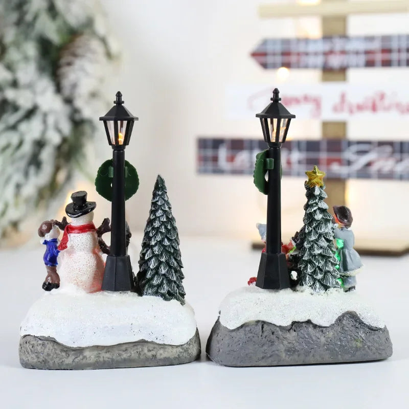 LED Christmas Village Ornaments – Santa Claus, Pine Needles, & Snow Micro Landscape Resin Figurines for Holiday Décor