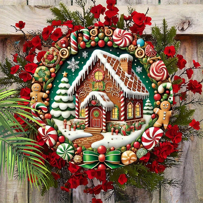 Christmas Gingerbread House Wooden Pendant: Candy Cane & Snowflake Festive Decoration for Doorway & Yard