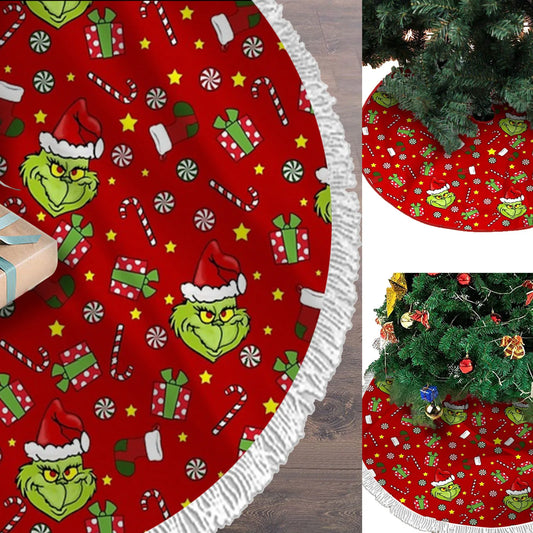 Grinch-Style Red Christmas Tree Skirt: Fun Holiday Base Mat with Santa & Snowflake Design