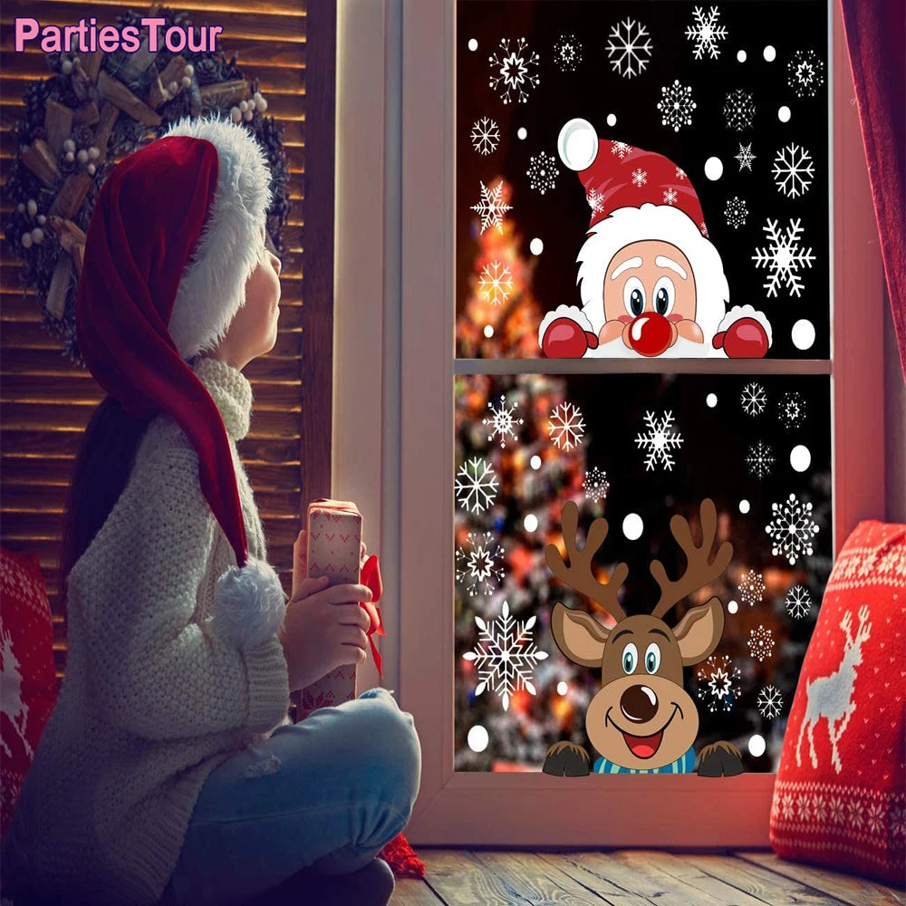 Christmas Santa Claus Window Clings: Festive Snowflake & Reindeer Decals for Holiday Window Decorations