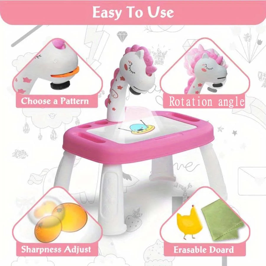 Children’s Pony Projection Painting Table: Graffiti Drawing Board with Music & Wipeable Surface