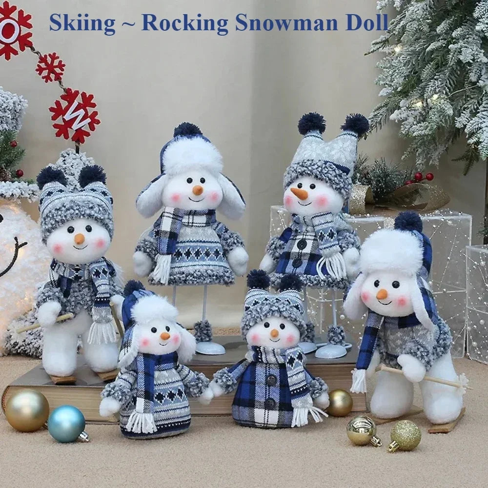 New Snowman Figure Christmas Decoration – Blue Cloth Ski Snowman Plush Doll for Living Room & Bedroom