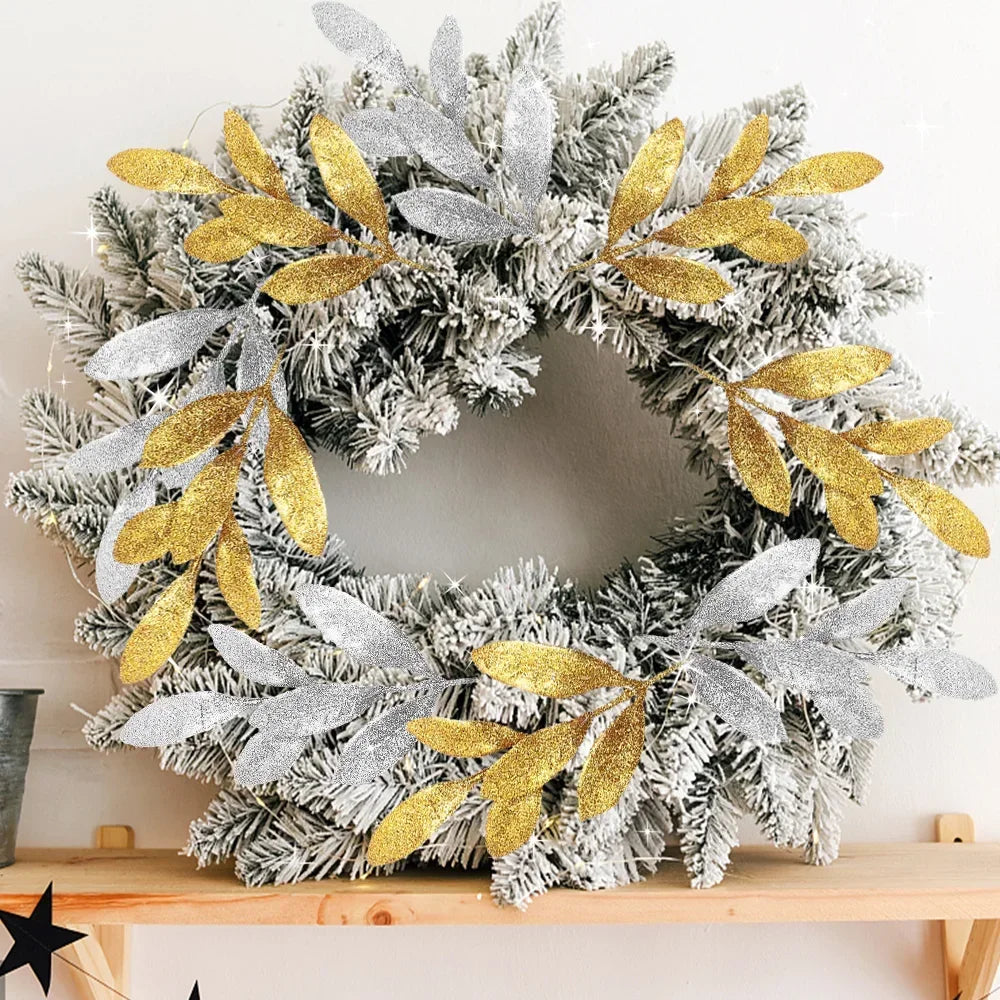 Simulated Gold Olive Leaves Branch – Artificial Shiny Gold Powder Olive Leaf for Christmas Tree, Wreath & Garland Decoration