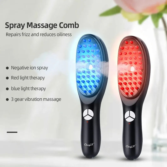 GlowUK™ Electric Scalp Massager Comb with Blue & Red Light Therapy: Vibrating Hair Growth Brush with Negative Ion Spray