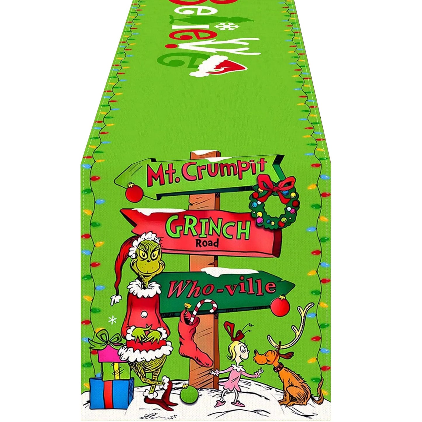 Grinch Theme Plaid Christmas Trees  Table Runner: Festive Holiday Décor for Kitchen and Dining Table