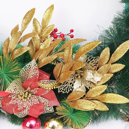 Simulated Gold Olive Leaves Branch – Artificial Shiny Gold Powder Olive Leaf for Christmas Tree, Wreath & Garland Decoration