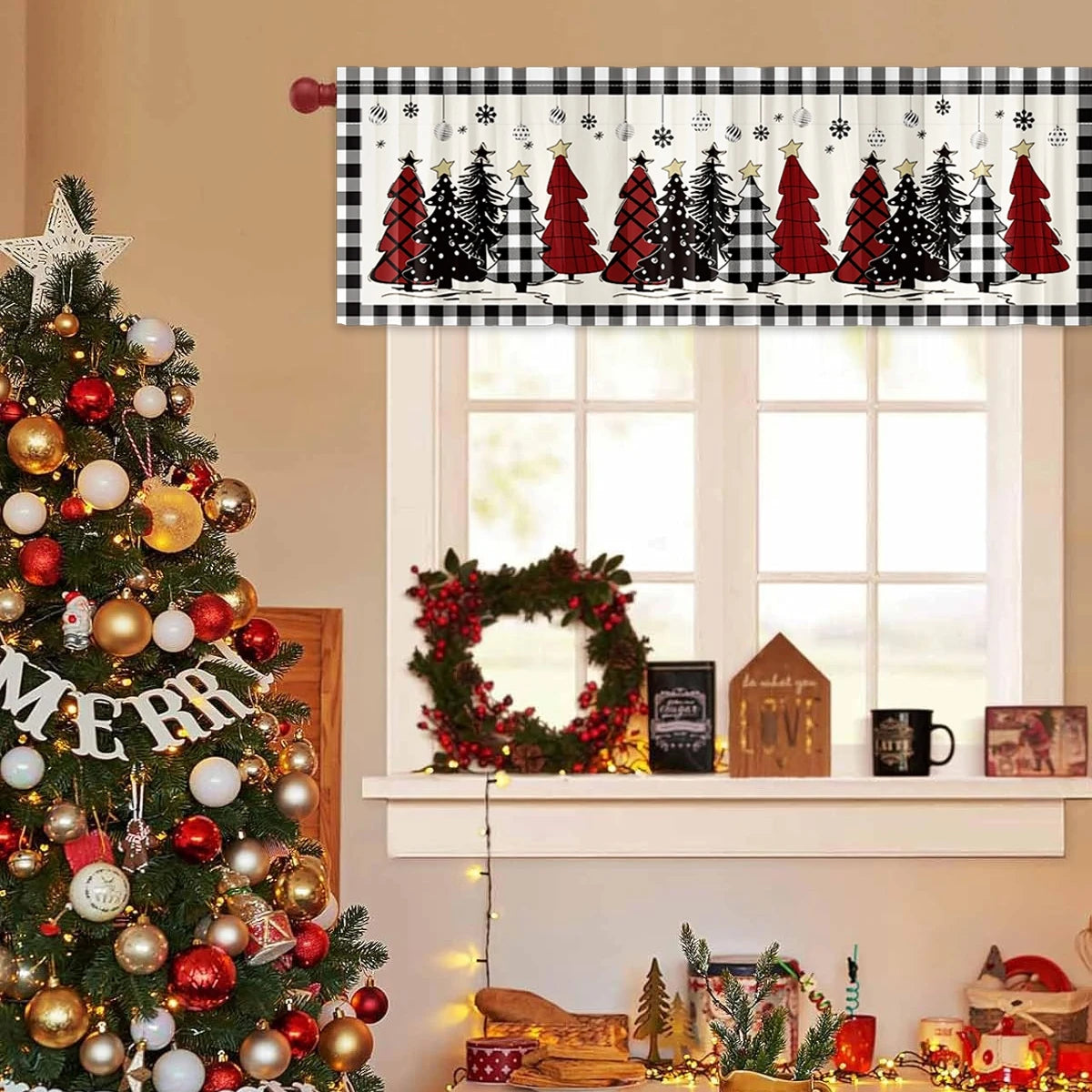 Christmas Tree Short Curtains: Snowman & Holiday Backdrop, Festive Home Decorations for Christmas 2024 & New Year 2025