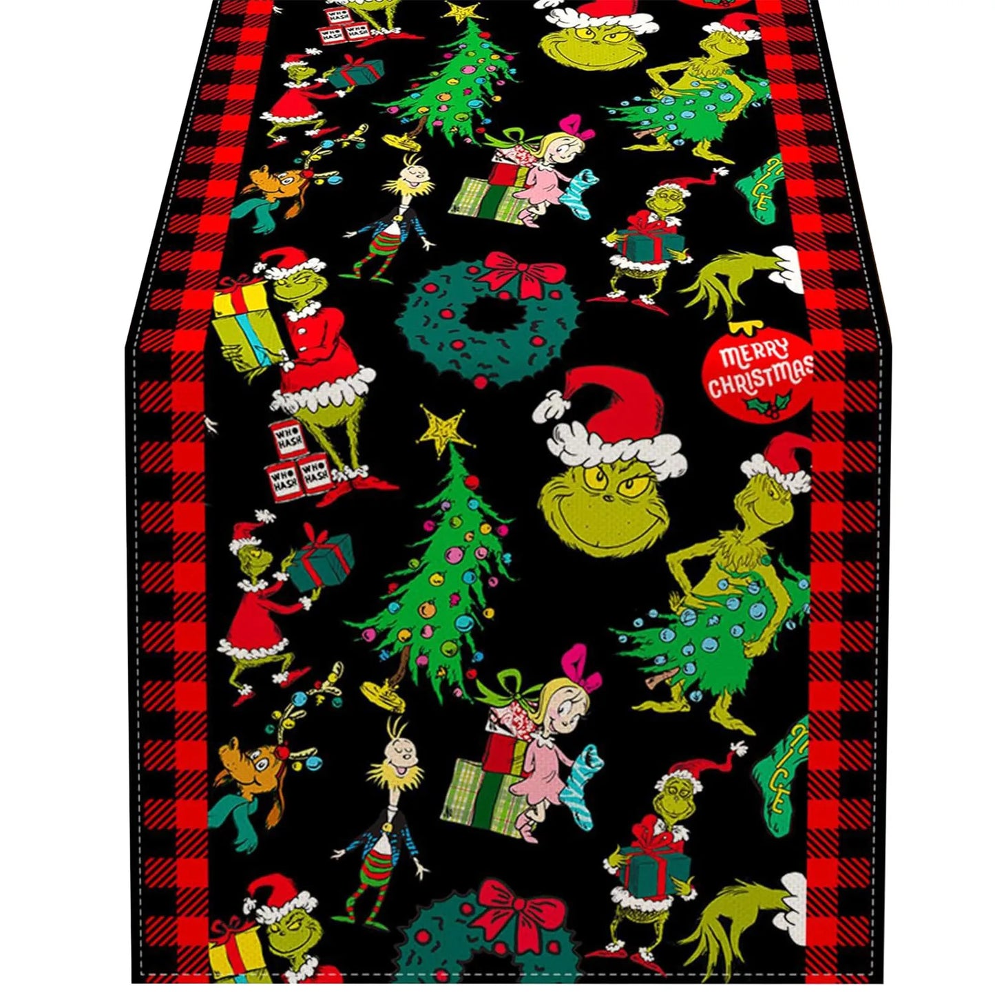 Grinch Theme Plaid Christmas Trees  Table Runner: Festive Holiday Décor for Kitchen and Dining Table