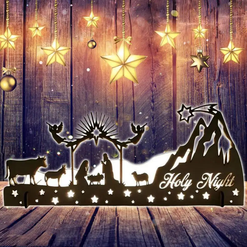 Nativity Scene Tealight Holder: Metal Silhouette & Wooden Candle Holder for Christmas Décor