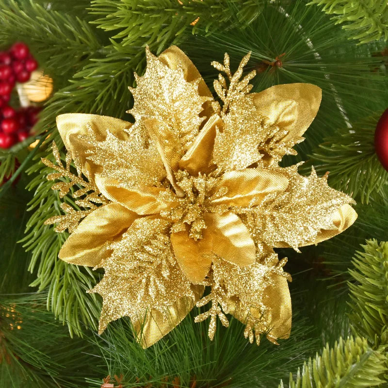 5PCS Glitter Artificial Christmas Flowers – 14cm Xmas Tree Ornaments for Holiday Home & New Year Décor