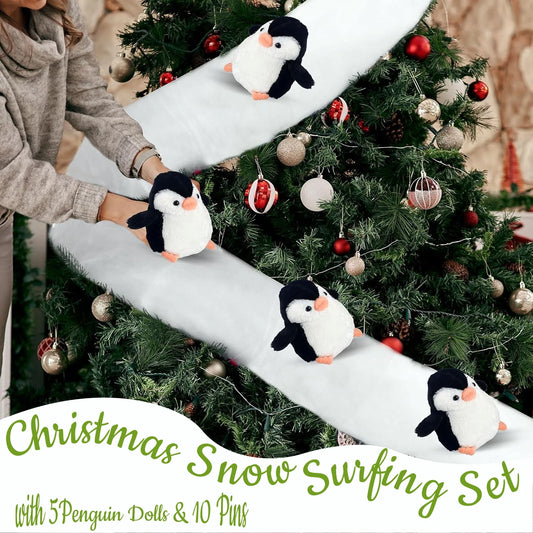 Christmas Stair Decoration Set – Faux Snow Cotton Carpet with Sliding Penguins for Festive Staircase Décor