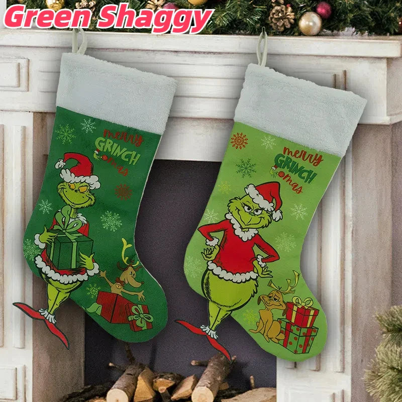 Green Shaggy Christmas Figure Set – Stockings, Tree Skirt, Table Flag & Chair Decorations