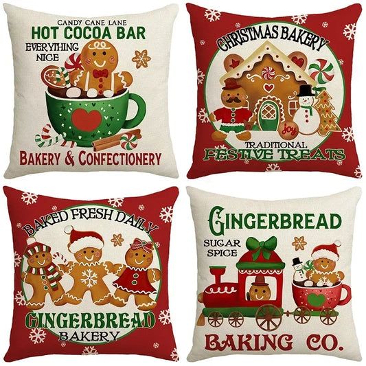 Cute Gingerbread Man Christmas Cushion Cover (45x45cm): Festive Linen Pillow Cover for Chair, Bed, & Sofa Winter Décor