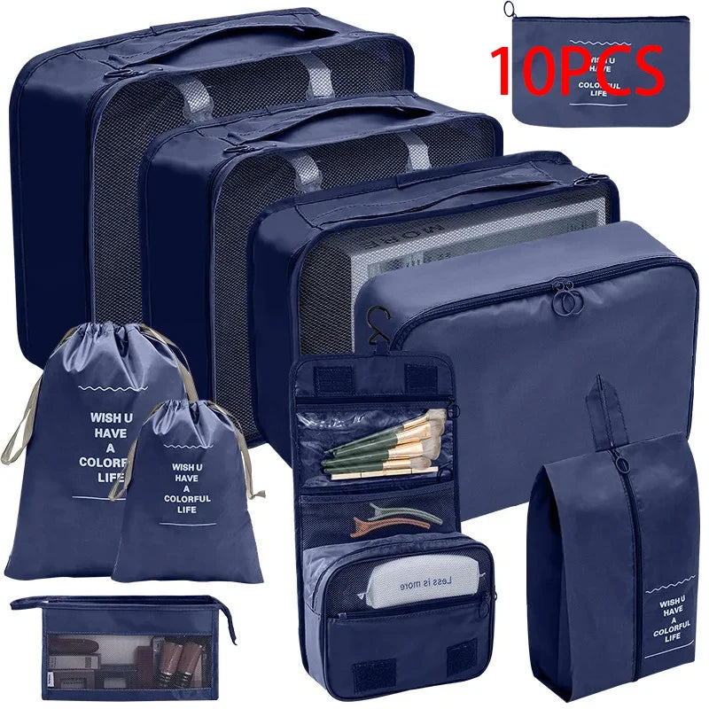 8/10-Piece Travel Storage Bag Set - Large Capacity Toiletries, Cosmetics, and Clothing Organizers for Efficient Packing